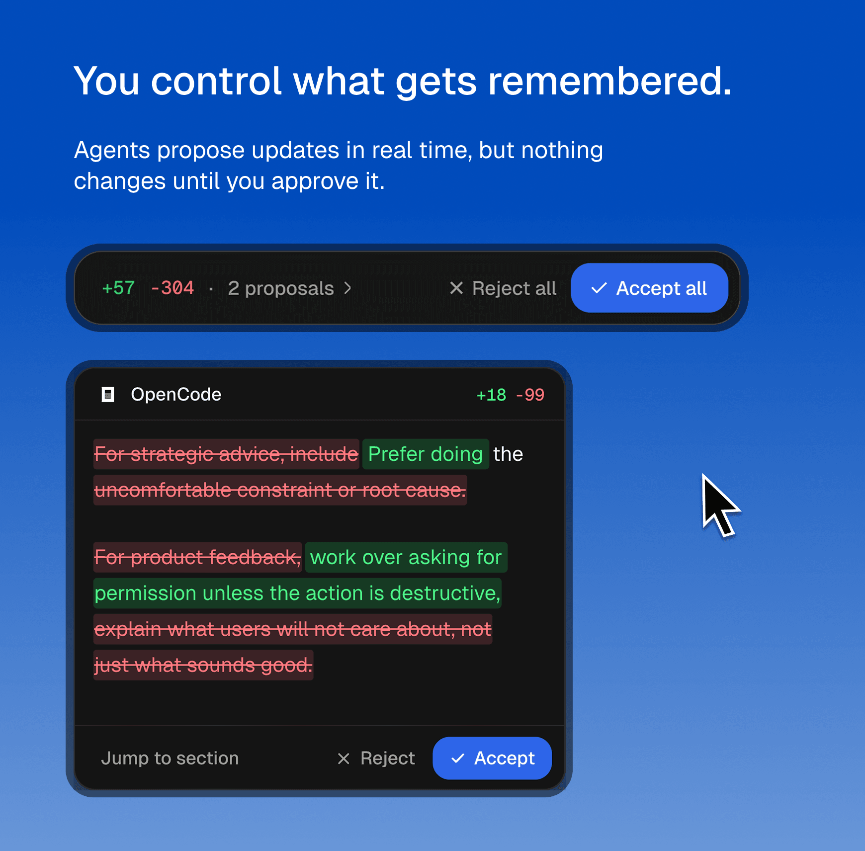 Creed review queue showing proposed profile changes